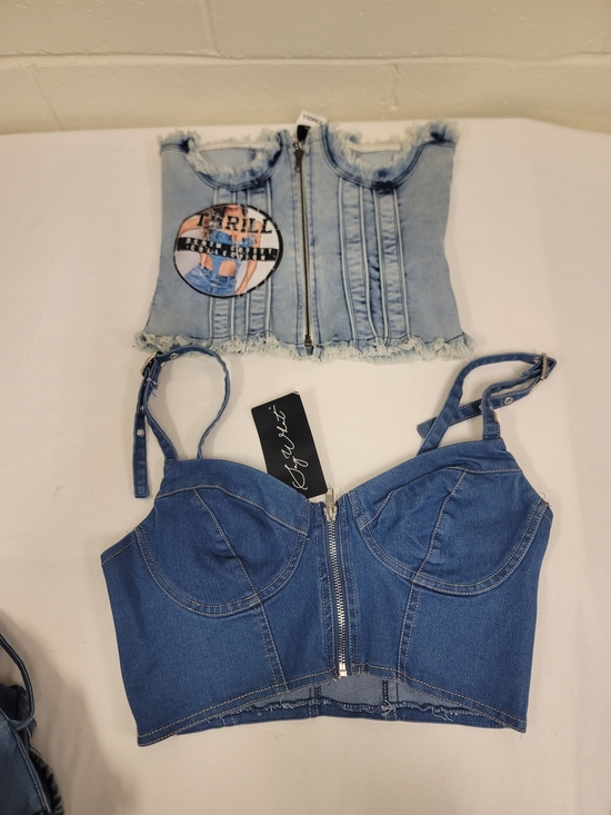 Almost Famous Tops - 2 Denim Zip-Front Bustier Crop Top - Light & Medium Blue
